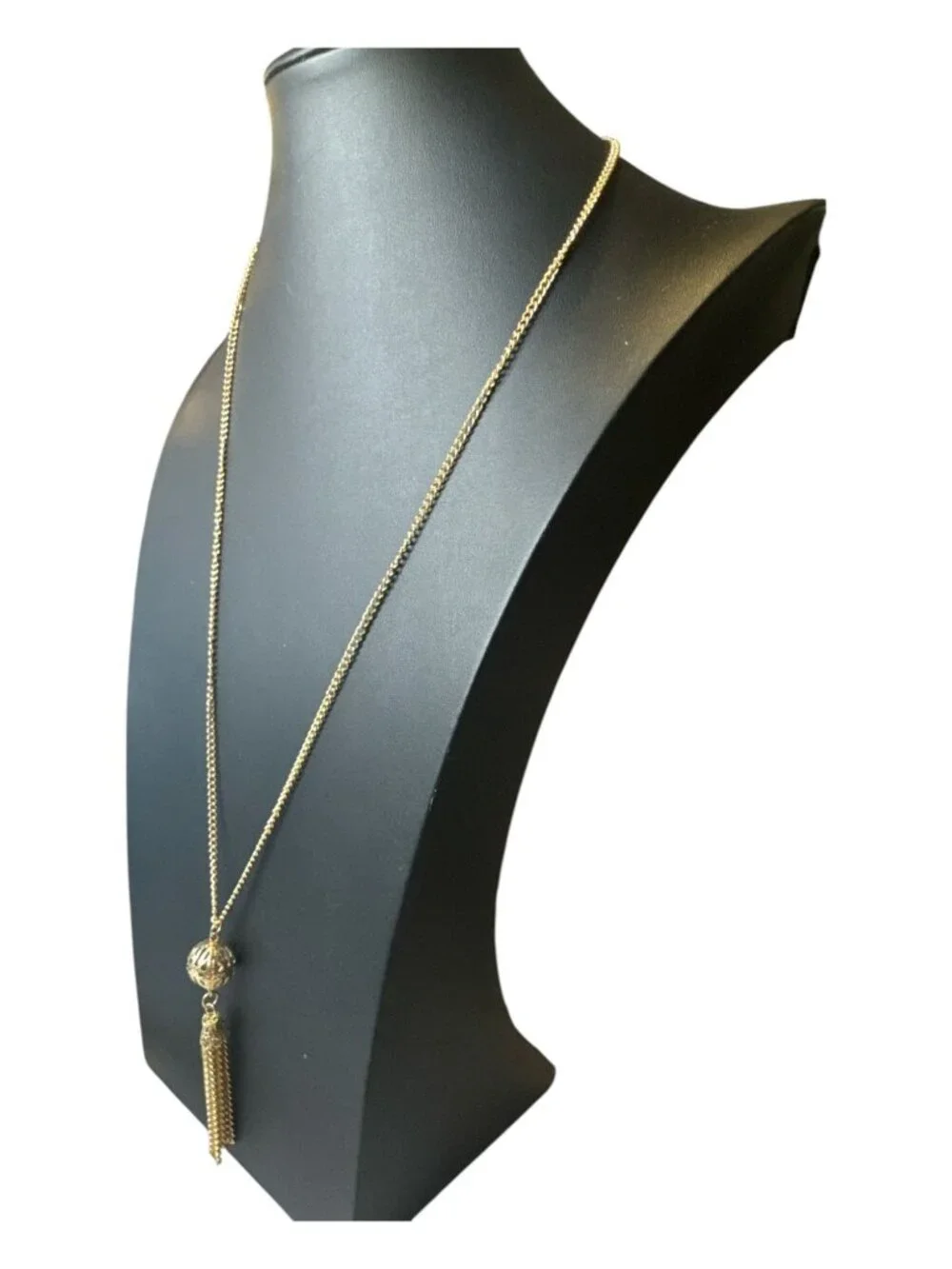 Vintage Gold Tone Tassel Pendant Necklace – 24 Inch Chain – Filigree Bead Drop